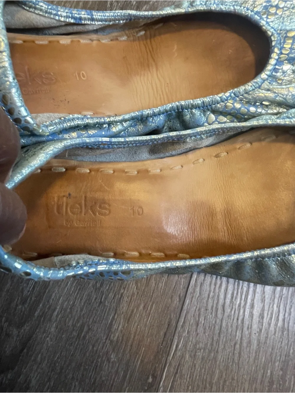 Tieks by Gavrieli Metallic Blue Snake-Print Flats with Gold Accents 10